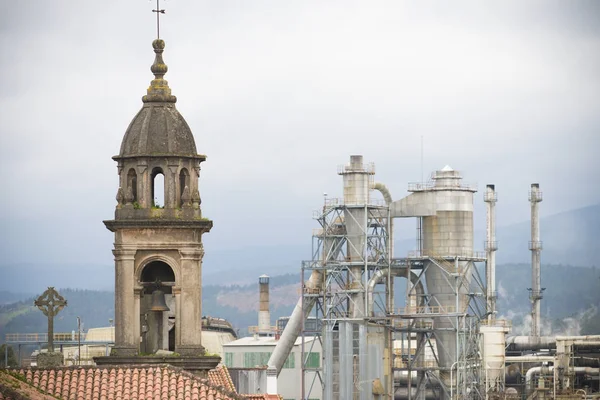 Towers Church Village Galicia Next Factory Its Smoking Chimneys — Stock Photo, Image