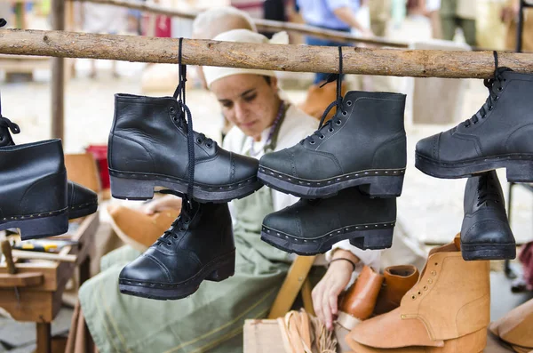 Pontevedra Spain September 2014 Stall Selling Handmade Boots Medieval Festival — Stock Photo, Image