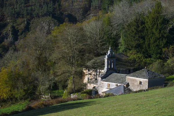 Malý Kostel San Martin Robledo Mezi Loukami Lesy Provincii Lugo — Stock fotografie