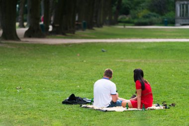 BRÜKSEL, BELGIUM - 4 HAZİRAN 2015: Çimlerin üzerinde oturan bir çift, aynı isimli sarayın yakınındaki Cinquantenaire Park 'ın tadını çıkarıyor.
