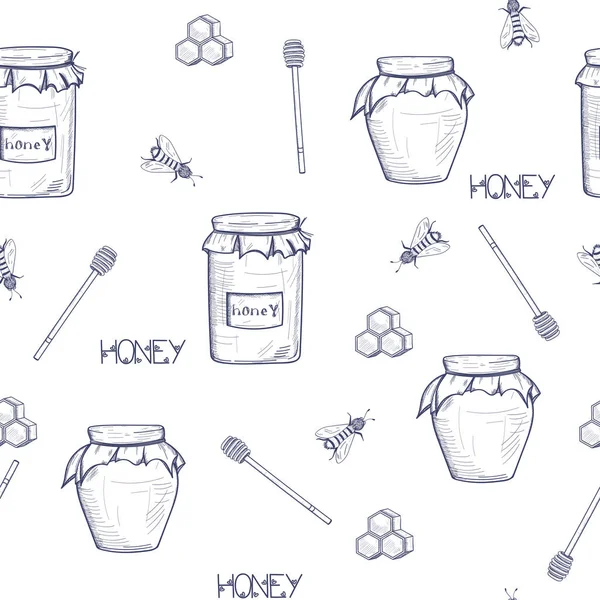 Fond de miel sans couture avec un pot de miel, une cuillère pour le miel, nid d'abeilles, abeilles — Image vectorielle
