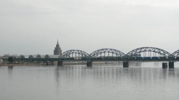 Freight train crossing railway bridge and entering the city of R — Stock Video