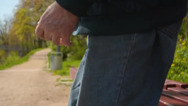 Senior retired old man standing up from the bench in a park alley — Stock Video