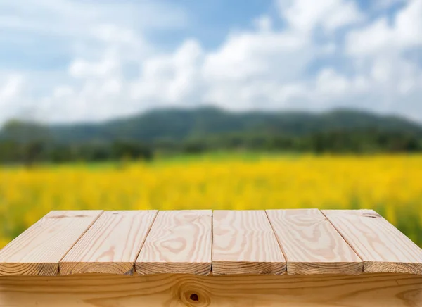Wood Table Blur Yellow Fields Background — Stock Photo, Image