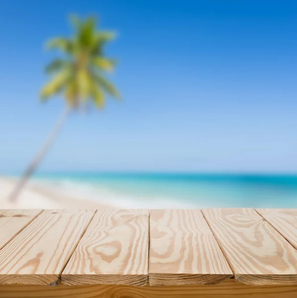 Wood Table Blue Sea Background — Stock Photo, Image