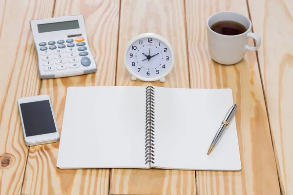 Blank Notebook Office Accessories Wood Table — Stock Photo, Image