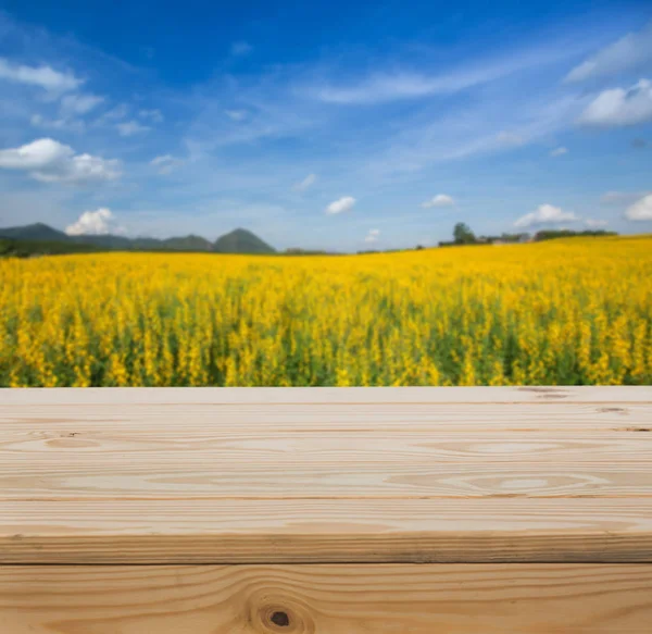 Holz Tischplatte mit grünen Feldern Hintergrund — Stockfoto