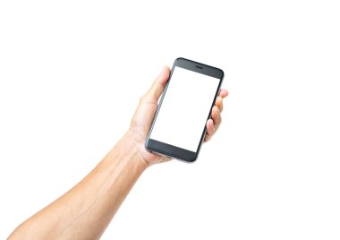 Beyaz arka planda izole edilmiş siyah akıllı telefon tutan adam el, 