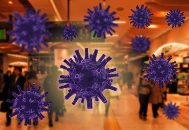 3D 'ye çift pozlama Coronavirus modeli ve kalabalığın bulanık görüntüsü. Dünya çapında Covid-19 salgını