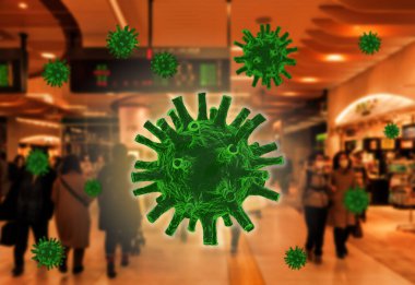3D 'ye çift pozlama Coronavirus modeli ve kalabalığın bulanık görüntüsü. Dünya çapında Covid-19 salgını