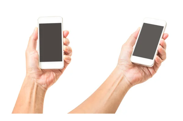 Man Ręka Trzyma Czarny Smartphone Białym Tle — Zdjęcie stockowe