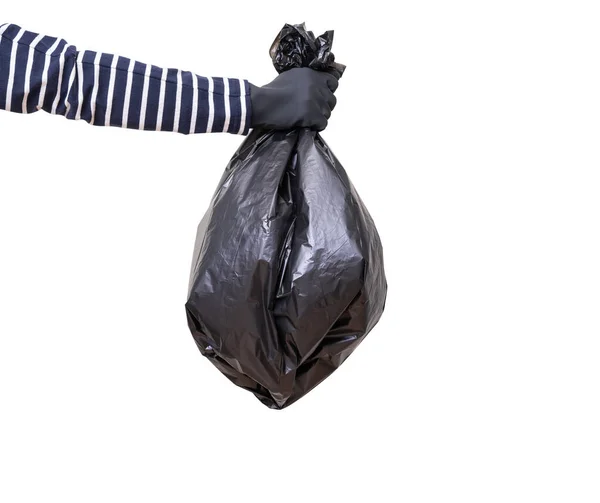 관리인 이하얀 배경에 외따로 떨어진 쓰레기 봉투를 포장하는 장갑을 — 스톡 사진