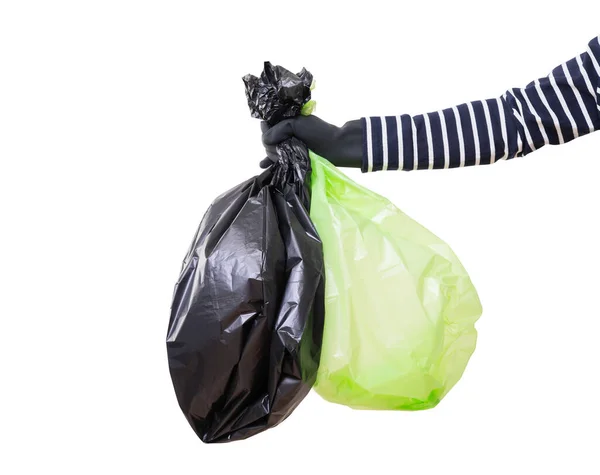 Housekeeper Hand Glove Holding Trash Bag Isolated White Background Clipping — Stock Photo, Image