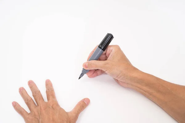 Hombre Mano Sosteniendo Negro Lápiz Marcador Magia Escritura Sobre Fondo —  Fotos de Stock