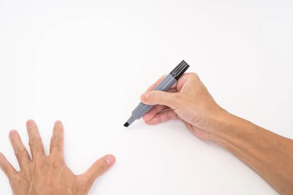 Hombre Mano Sosteniendo Negro Lápiz Marcador Magia Escritura Sobre Fondo —  Fotos de Stock