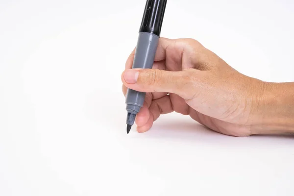 Człowiek Ręka Gospodarstwa Czarny Magia Marker Pióro Pisanie Białym Tle — Zdjęcie stockowe