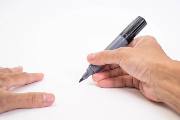 Hombre Mano Sosteniendo Negro Lápiz Marcador Magia Escritura Sobre Fondo —  Fotos de Stock