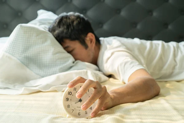 Asian Man Wake Morning Hand Reaching Alarm Clock — Stock Photo, Image