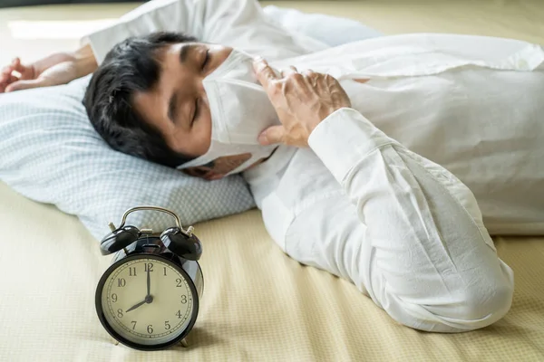 Asian Businessman Wearing Surgical Mask Sleeping Bed Alarm Clock — Stock Photo, Image