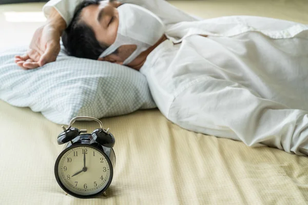 Asian Businessman Wearing Surgical Mask Sleeping Bed Alarm Clock — Stock Photo, Image