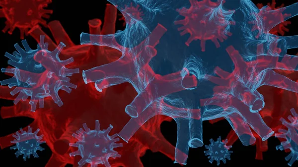 Rood Blauw Coronavirus Model Zwarte Achtergrond Covid Illustratie — Stockfoto