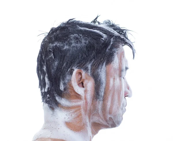 Asiatischer Männerkopf Mit Shampoo Schaum — Stockfoto