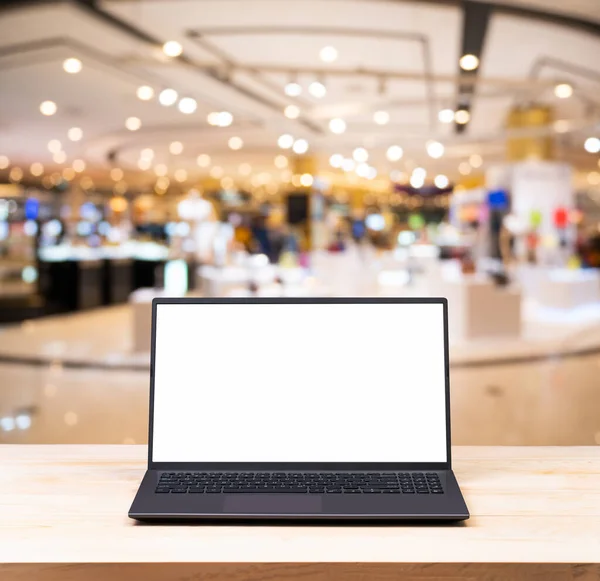 Mockup Image Blank White Screen Laptop Computer Abstract Blur Shopping — Stock Photo, Image