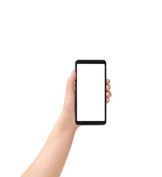 Vrouw Hand Met Zwarte Smartphone Met Blanco Wit Scherm Geïsoleerd — Stockfoto