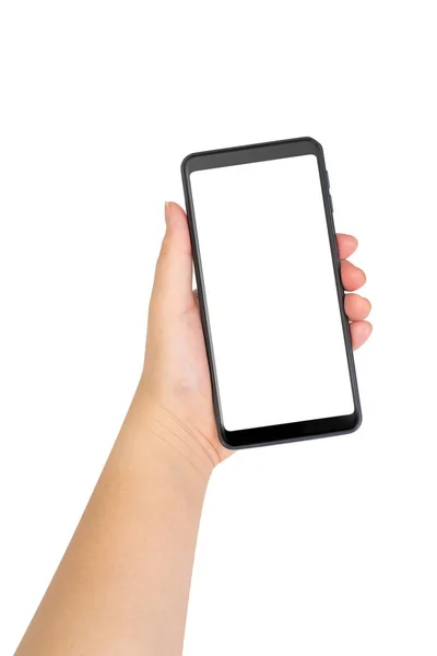 Vrouw Hand Met Zwarte Smartphone Met Blanco Wit Scherm Geïsoleerd — Stockfoto