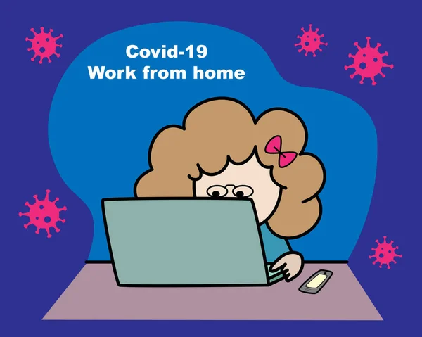 Girl Cartoon Working Home Social Distancing Protect Covid Pandemic — Stock Vector