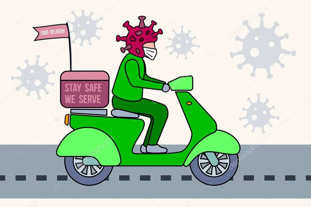 Food delivery service while COVID-19 pandemic. Quarantine in the city. Bike man with Coronavirus helmet with face mask.