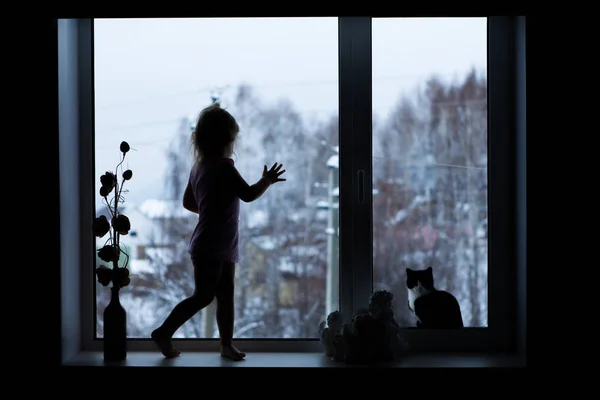 little girl in the window with a cat