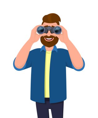 Sıradan giyinmiş mutlu sakallı adam dürbünle bakıyor. Elinde dürbün tutan kişi. Erkek karakter tasarımı çizimi. Modern yaşam tarzı, teknoloji, vektör karikatüründe vizyon kavramı.