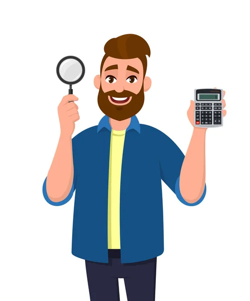 Young bearded man showing or holding digital calculator device and magnifying glass (magnifier) in hand. Modern lifestyle & latest technology, search, find, zoom concept illustration in cartoon style. — Stock Vector