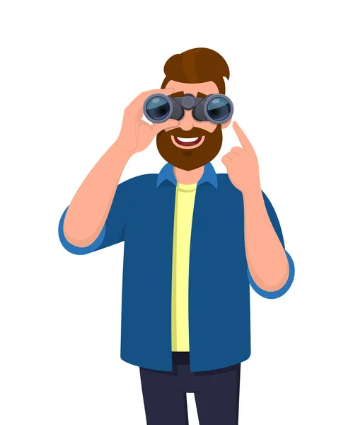 Cheerful bearded man in casual wear looking through binoculars and gesturing, pointing index finger hand. Male character holding a binocular in hand. Modern lifestyle, technology concept in cartoon. — Stock Vector