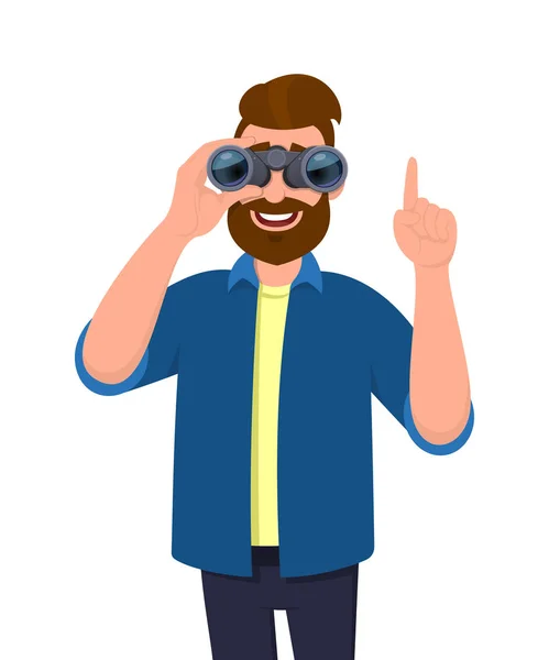 Happy young man looking in the distance through binoculars and gesturing, pointing hand finger up or showing one sign. Person viewing something from binocular. Modern lifestyle in cartoon. — Stock Vector