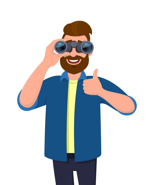 Successful bearded man in casual wear looking through binoculars & gesturing, making thumbs up sign with hand finger. Male character holding a binocular. Modern lifestyle, good, like in cartoon. — Stock Vector