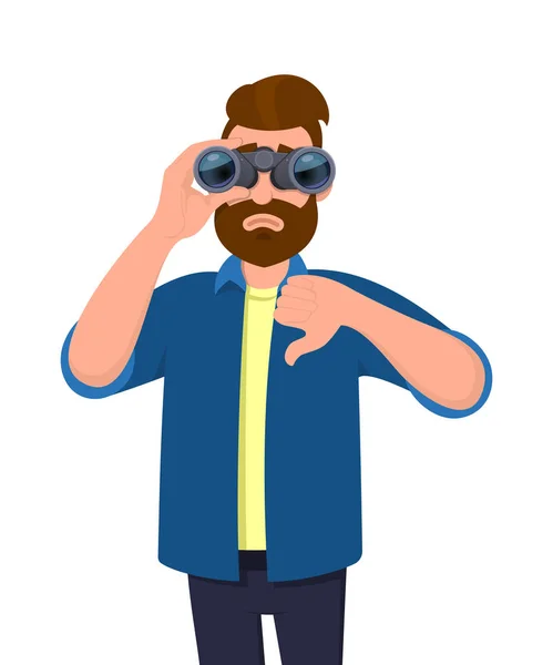Unhappy young man looking in the distance through binoculars and gesturing, making thumbs down sign with hand finger. Person is seeing from binocular. Modern lifestyle, bad, negative, dislike concept. — Stock Vector