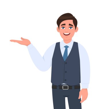 Genç işadamı uzayı kopyalamak için el hareketi yapıyor. Bir şey takdim ediyorum. Erkek karakter tasarımı çizimi. Modern yaşam tarzı, vektör karikatür biçiminde kavram.