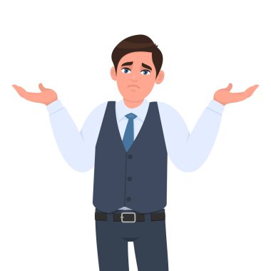 Tüh! Özür dilerim. Bilmiyorum! Bilmiyorum! Resmi yelek giymiş kafası karışmış genç bir adam omuzlarını silkiyor ve ellerini kaldırıyor.. 