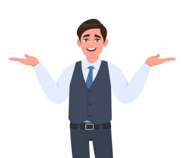 Genç işadamı uzayı kopyalamak için el hareketi yapıyor. Bir şey takdim ediyorum. Erkek karakter tasarımı çizimi. Modern yaşam tarzı, insan duyguları, vektör içinde yüz ifadeleri kavramı.