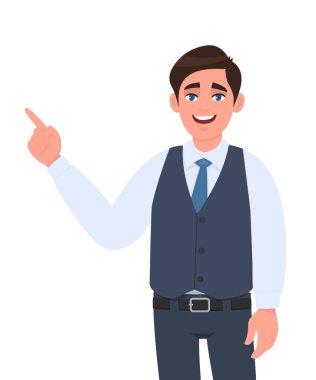 Genç işadamı uzayı kopyalamak için el hareketi yapıyor. Bir şey takdim ediyorum. Erkek karakter tasarımı çizimi. Modern yaşam tarzı, vektör karikatür biçiminde kavram.