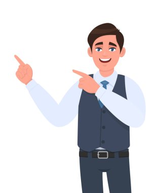 Genç işadamı uzayı kopyalamak ve işaret parmağı göstermek için el hareketi yapıyor. Bir şey takdim ediyorum. Erkek karakter tasarımı çizimi. Modern yaşam tarzı, vektör karikatür biçiminde kavram.