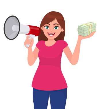 Elinde megafon ya da hoparlör tutan mutlu genç bir kadın. Bir sürü para, para ve para gösteren bir kız. Kadın karakter tasarımı çizimi. Vektör karikatüründe modern yaşam tarzı kavramı.