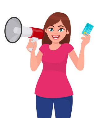 Elinde megafon ya da hoparlör tutan genç bir kadın. Kredi kartı, banka kartı, ATM kartı gösteren bir kız. Kadın karakter tasarımı çizimi. Vektör karikatür biçiminde modern yaşam tarzı kavramı.