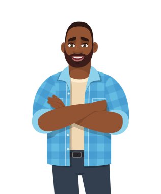 Kollarını çapraz yapmış modaya uygun genç bir Afrikalı Amerikalı. Tarz sahibi biri katlanmış ellere bakıyor ve poz veriyor. Erkek karakter tasarımı çizimi. Vektör karikatür biçiminde modern yaşam tarzı kavramı.