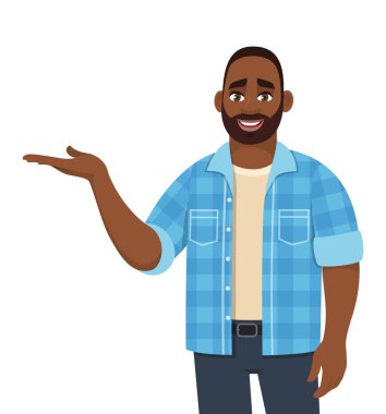 Genç Afrikalı Amerikalı adam el hareketi yapıyor. Tarz sahibi biri uzayı kopyalamak için elini işaret ediyor. Erkek karakter tasarımı çizimi. Çeşitli insanlar. Vektör karikatür biçiminde modern yaşam tarzı kavramı.