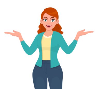 Modayı takip eden genç bir kadın uzayı kopyalamak için el sallıyor ya da açıyor. Bir şey göstermek için elini gösteren mutlu stil kızı. Kadın karakter çizimi tasarımı. Vektör karikatüründe modern yaşam biçimi.