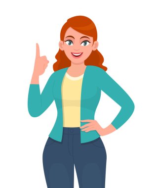 Genç ve modaya uygun bir kadın işaret ediyor. İşaret parmağı gösteren mutlu stil kızı. Kadın karakter çizimi tasarımı. Yeni fikir, yenilik, çözüm. Vektör karikatür biçiminde modern yaşam tarzı kavramı.