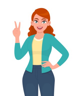 Zaferi gösteren genç trend kadın portresi, V, iki ya da parmaklarıyla barış işareti. Kız jesti kazanan işareti. Kadın karakter çizimi tasarımı. Vektör karikatür biçiminde modern yaşam tarzı kavramı.